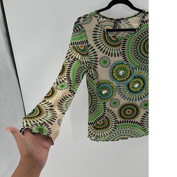 Vintage AZI mesh top beaded embellished patterned design semi sheer size L Y2K - Picture 5 of 7